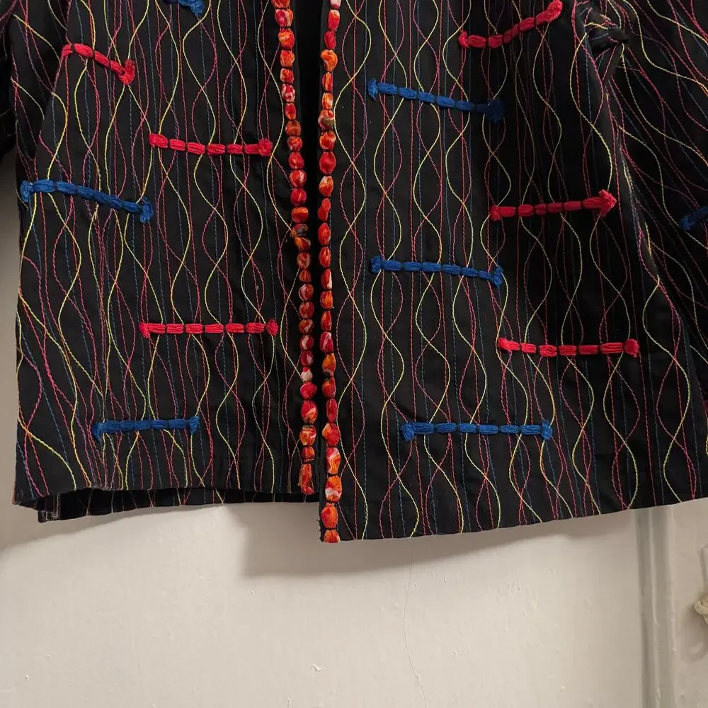Multicolored Embroidery Boho‎ Bohemian Indie Artsy Teacher Black Blazer